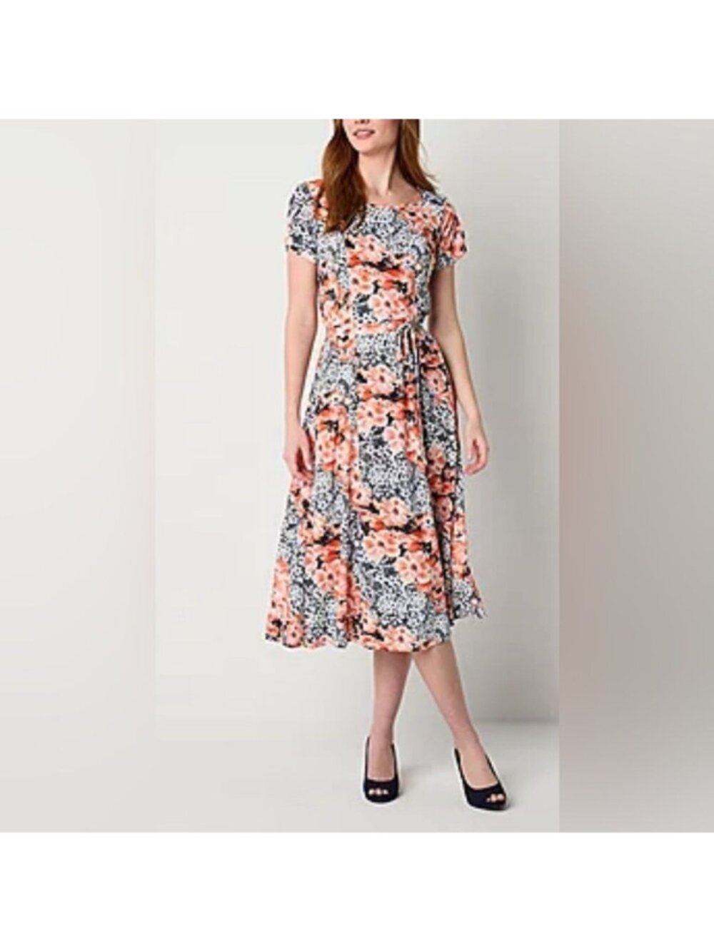 NWT Perceptions Women's Cap Sleeve Floral Print Midi Dress  Black/Orange LARGE